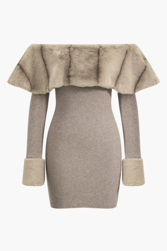 Faux Fur Patchwork Off Shoulder Langærmet Mini Kjole sold by Micas