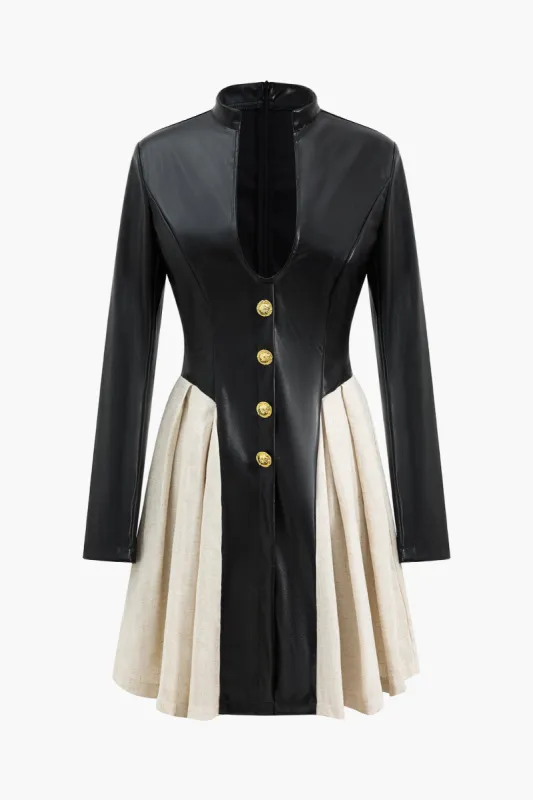 Imiteret læder patchwork metallisk knap plisseret langærmet minikjole sold by Micas