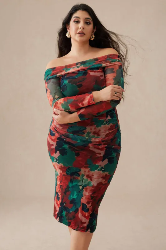 Plus Size Abstrakt Print Mesh Off Shoulder Langærmet Midikjole sold by Micas