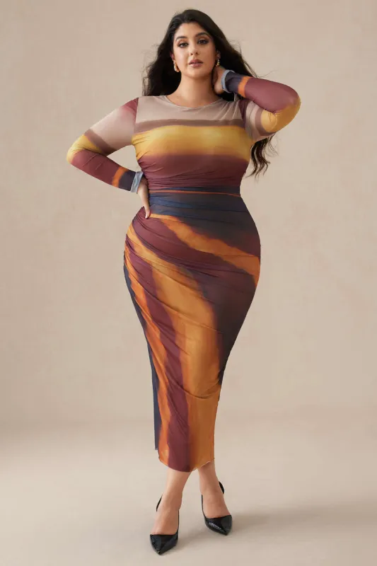 Plus Size Ombre Print Mesh Langærmet Rundhals Midikjole sold by Micas