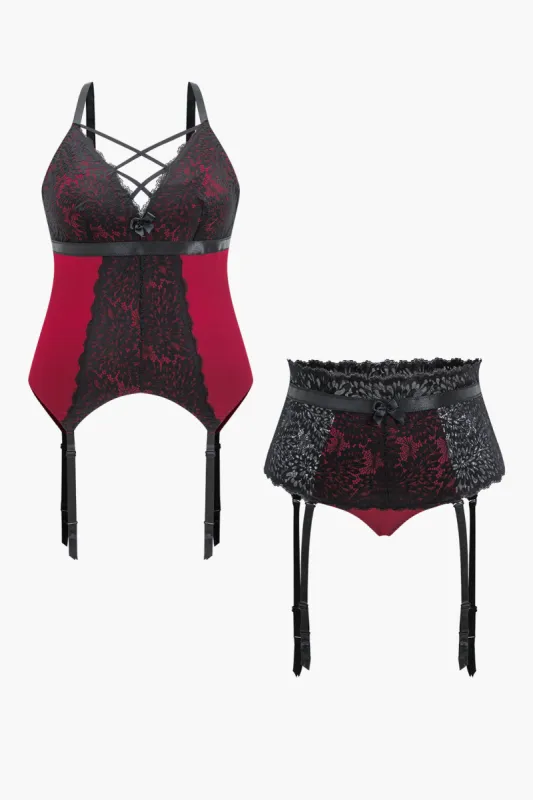 Plus Size Patchwork Tie-Up Lingerie Garter Set sold by Micas