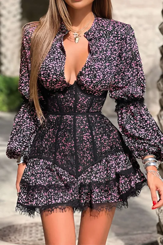 Ditsy Floral Print Lace trim korset Langærmet mini kjole sold by Micas