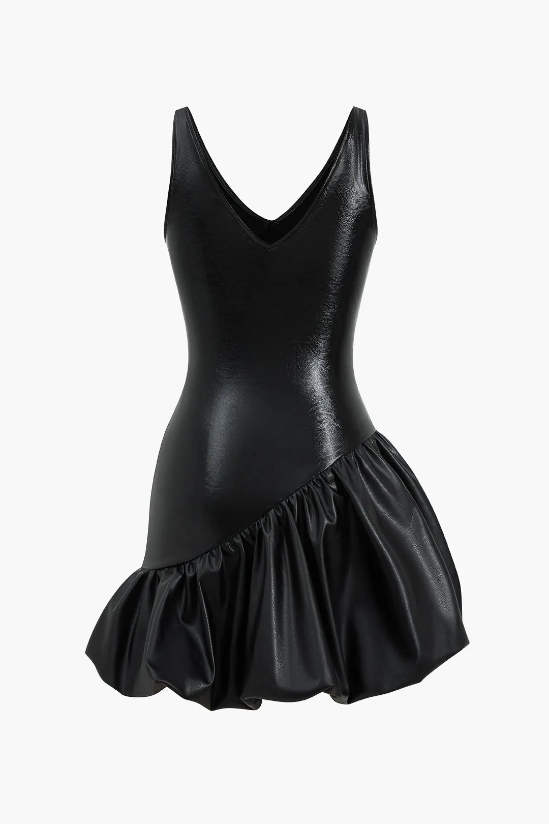 Faux læder ruched v-hals asymmetrisk mini kjole sold by Micas product image thumbnail 2