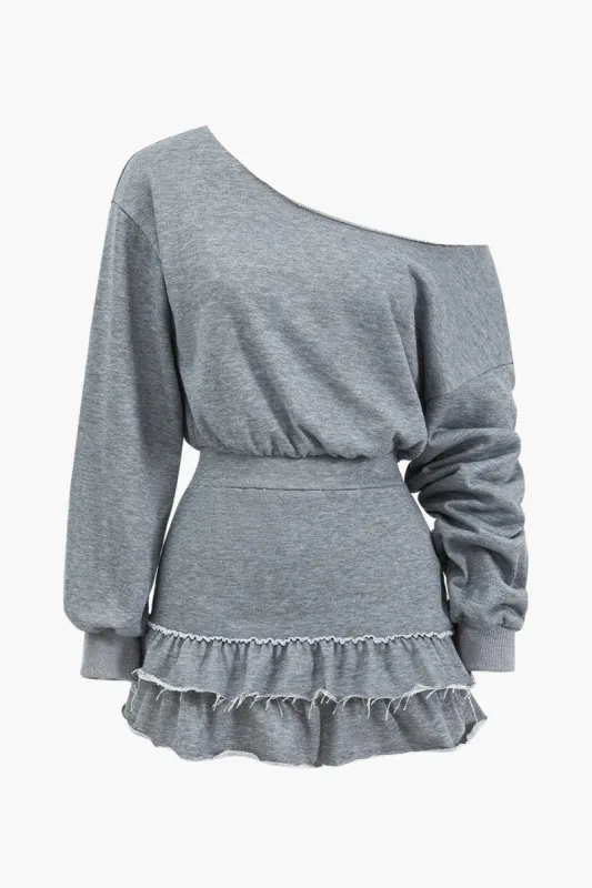 Asymmetrical Shoulder Long Sleeve Ruched Mini Dress sold by Micas