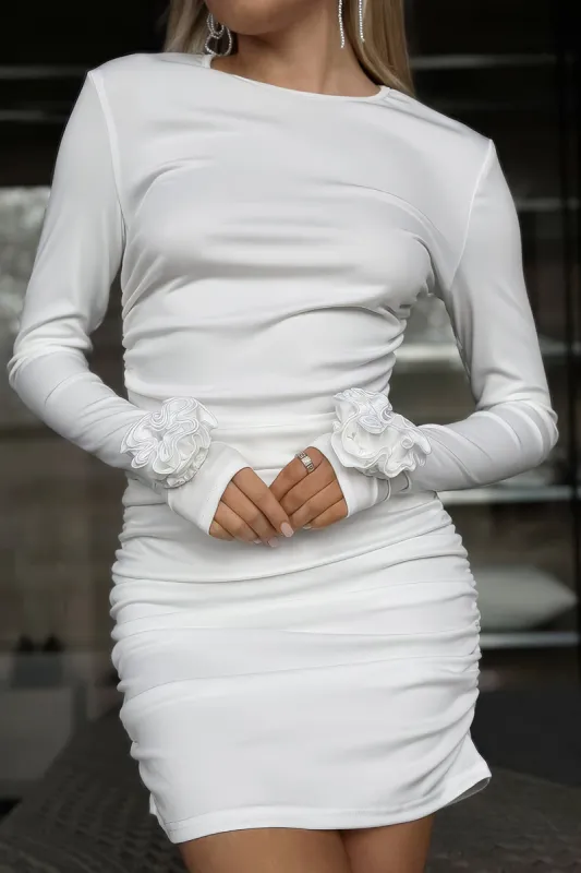 3d blomster langærmet rund hals ruched mini kjole sold by Micas