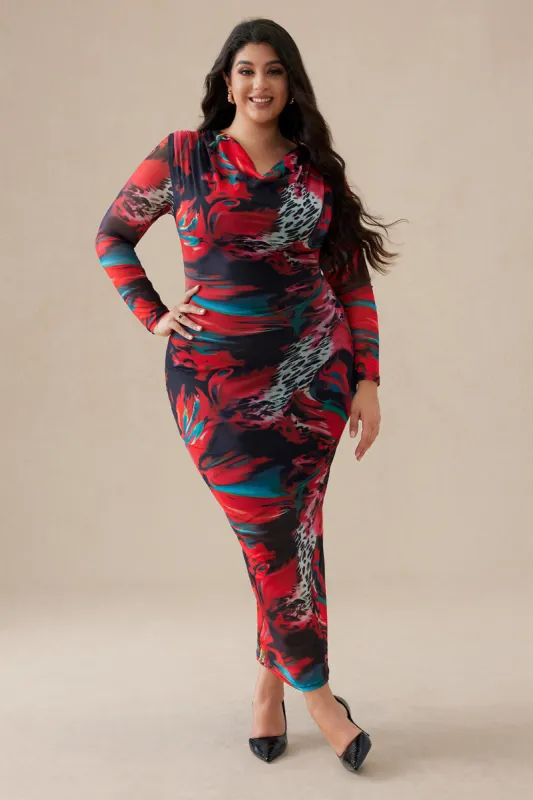 Plus Size Watercolor Print Mesh Draped Cowl Neck Long Sleeve Midi Dress sold by Micas