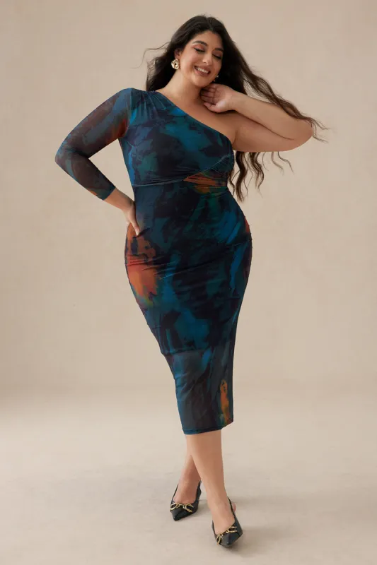 Plus Size Tie Dye Print Mesh One Shoulder Long Sleeve Midi Dress sold by Micas