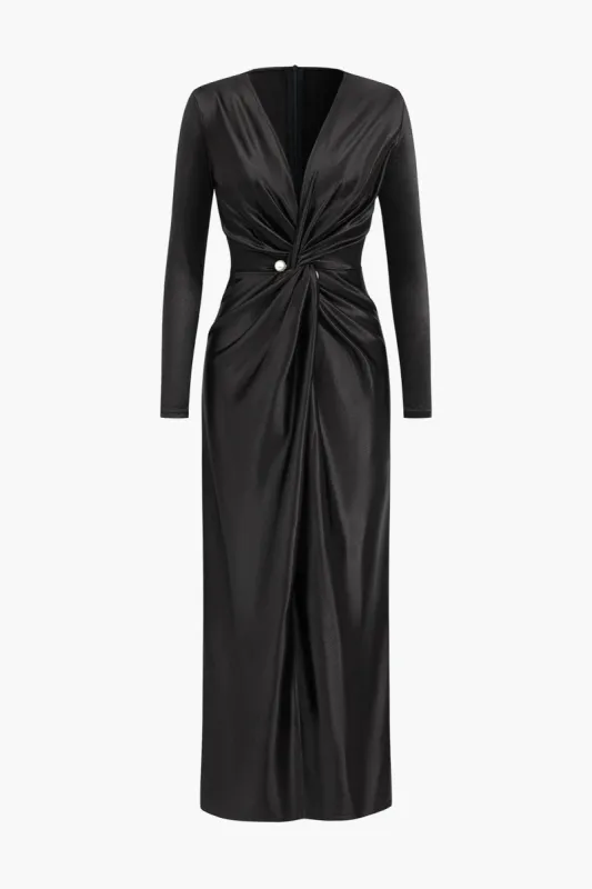 Satin Twisted Long Sleeve V-Neck Maxi Dress sold by Micas