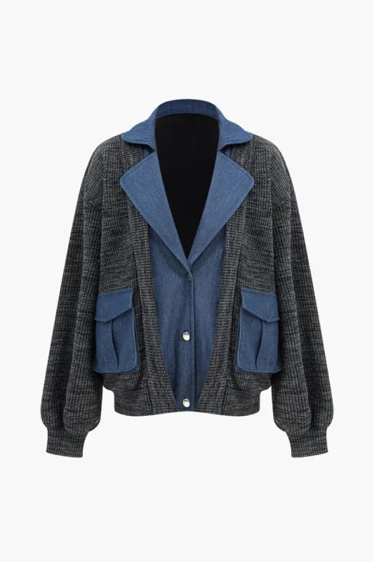 Denim Patchwork Notched Lapel Coat sold by Micas