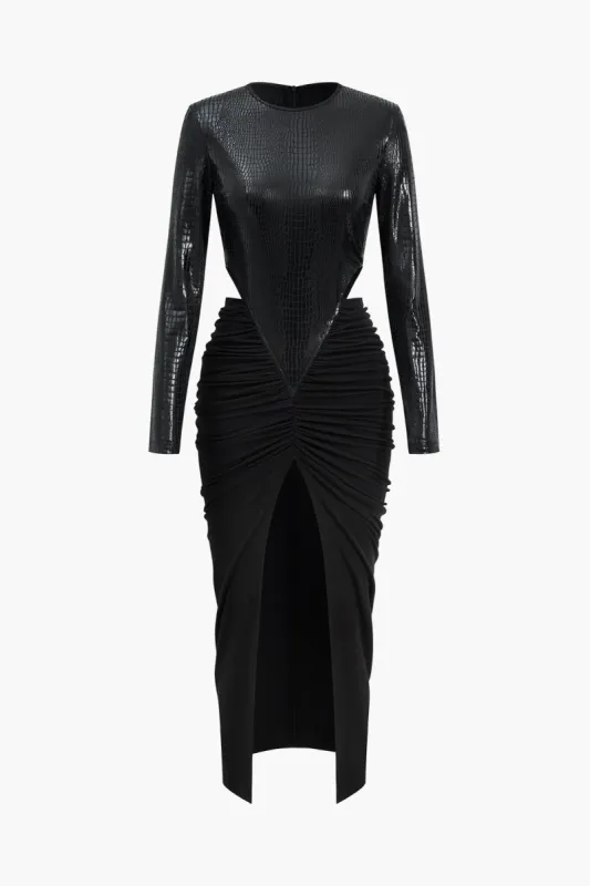 Faux læder patchwork langærmet maxi kjole sold by Micas