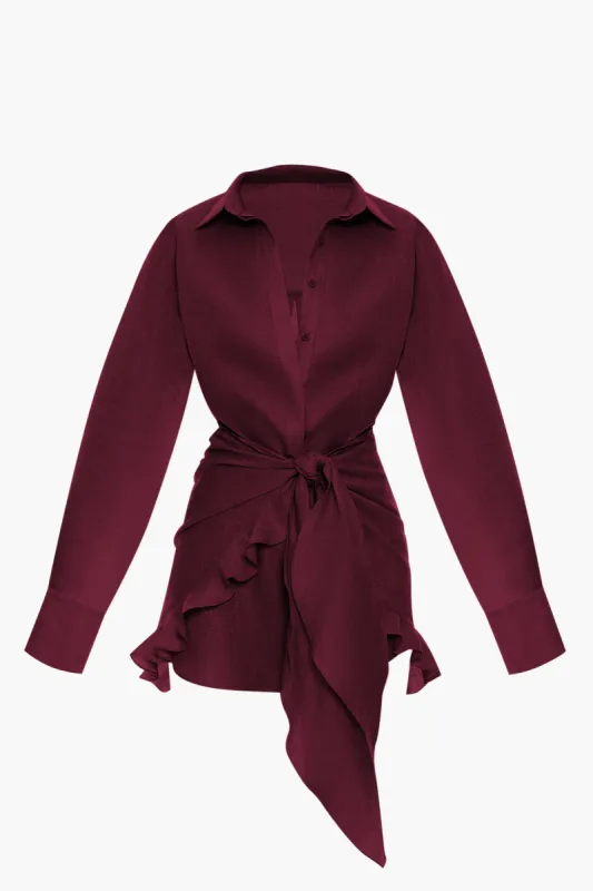 Satin Tie Front Ruffle Langærmet mini kjole sold by Micas