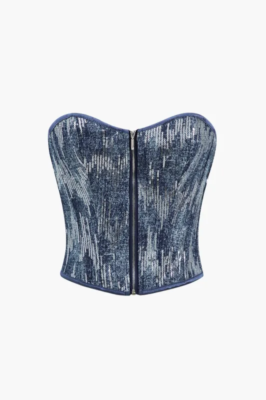 Denim Corset Sequin Zipper Tube Top sold by Micas