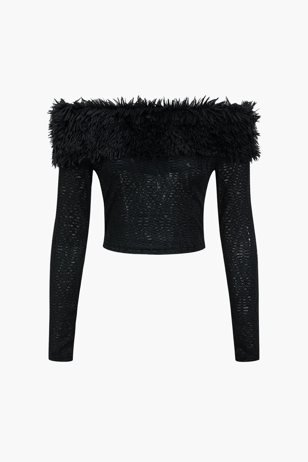 Off-the-skulder faux pels patchwork top og høje talje bukser sæt sold by Micas product image thumbnail 2