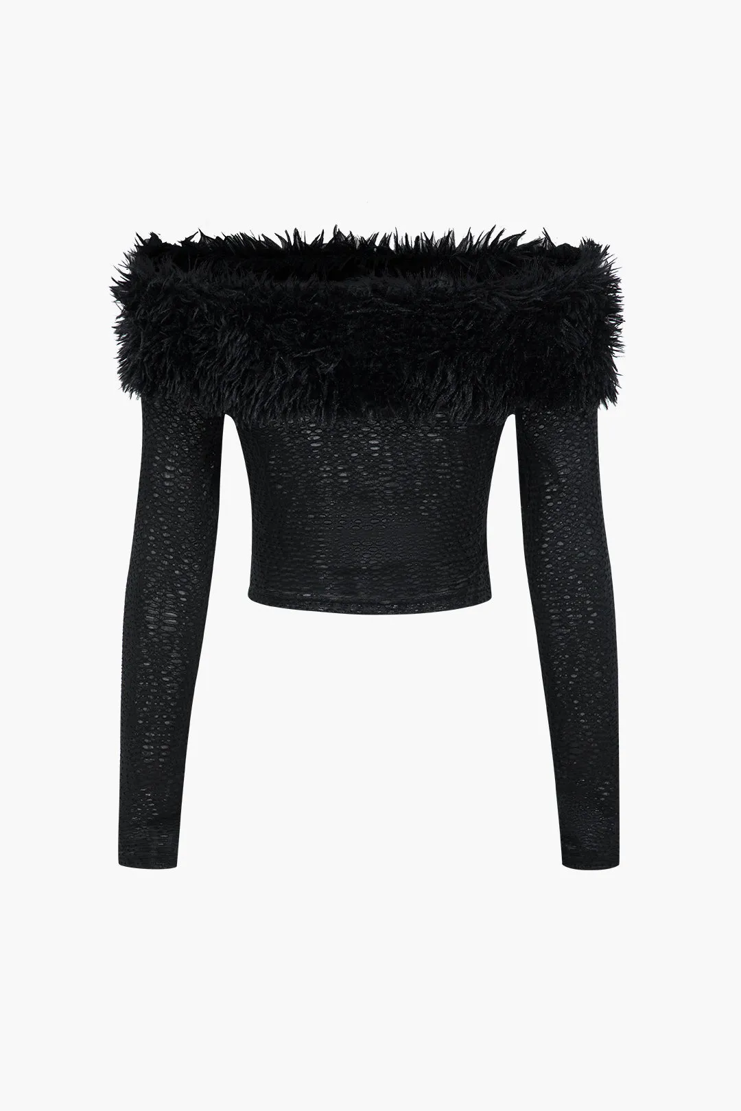 Off-the-skulder faux pels patchwork top og høje talje bukser sæt sold by Micas product image thumbnail 3