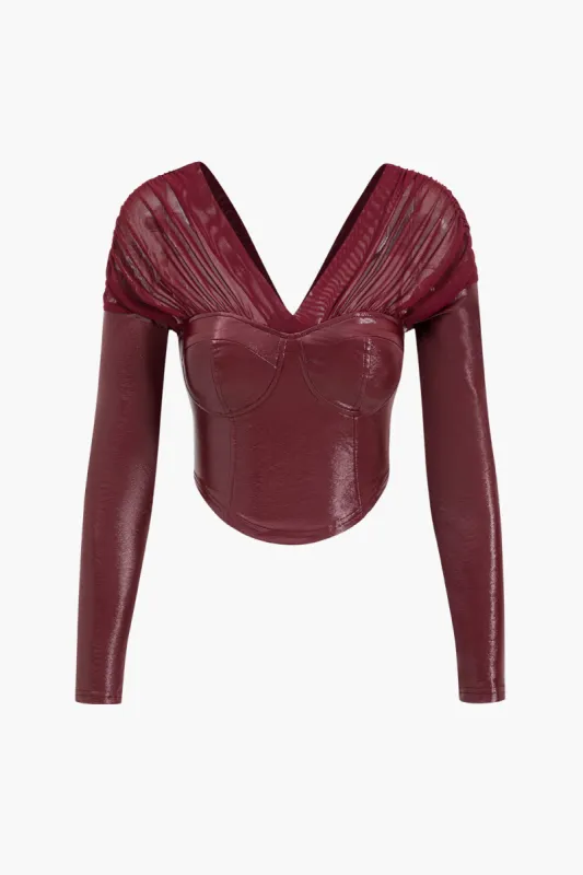Faux Leather Mesh V-Neck Patchwork Long-Sleeve Top sold by Micas