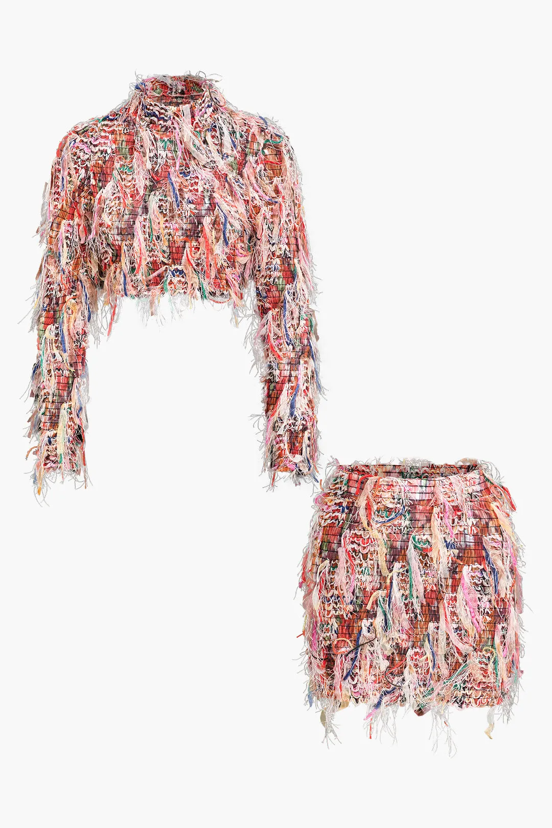 Mesh Fringe Long Sleeve Skirt Set sold by Micas