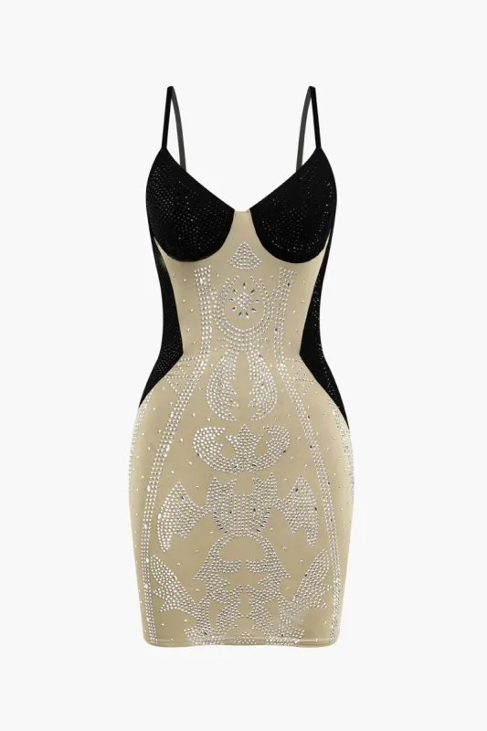 Patchwork rhinestone spaghetti stropp Ærmeløs mini kjole sold by Micas