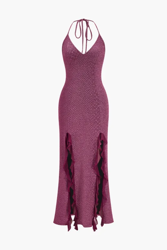 Halter Slit V-Neck Ruffle Maxi Dress sold by Micas