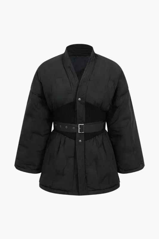 Belted Patchwork Puffer sold by Micas