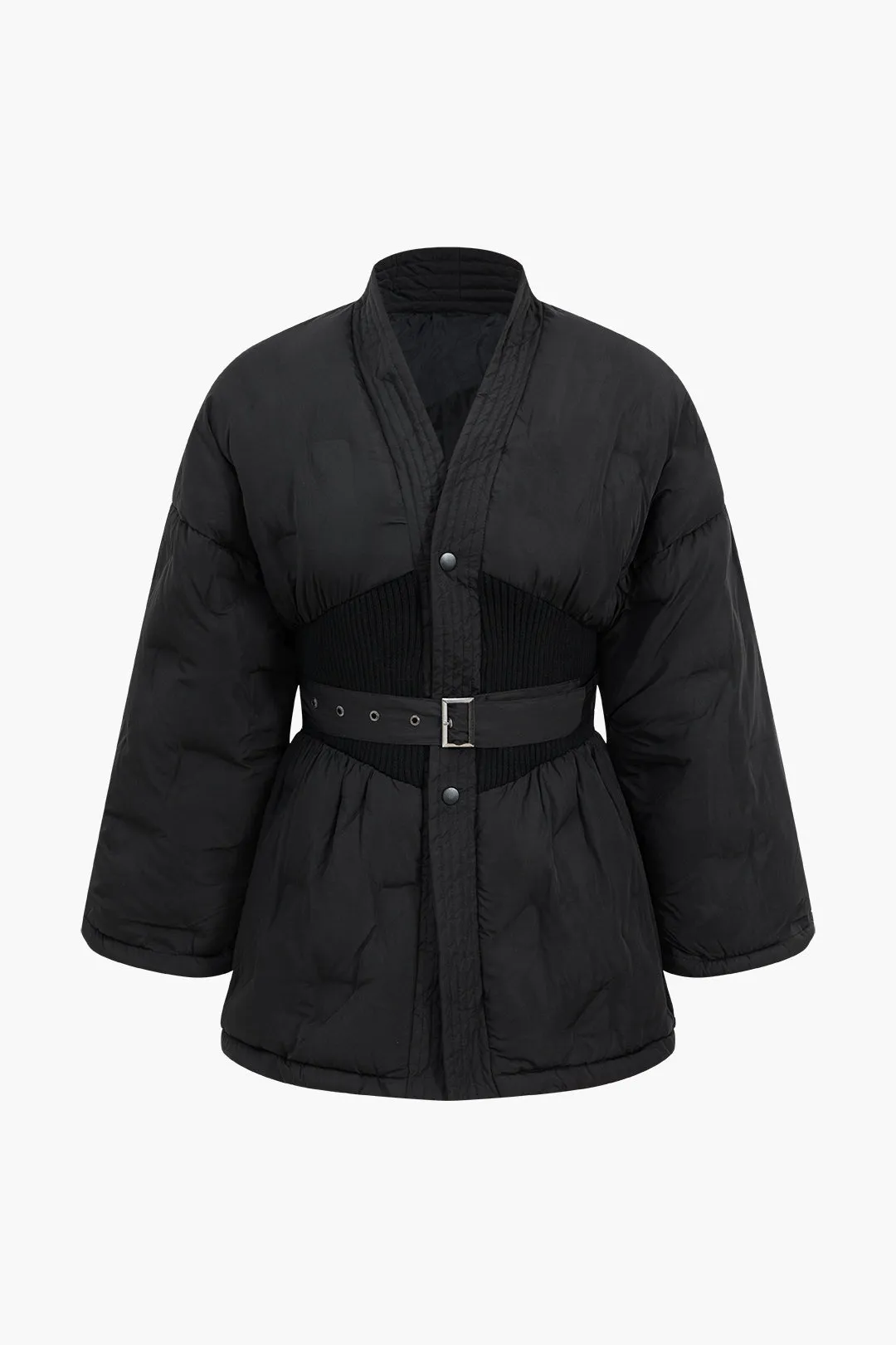 Belted Patchwork Puffer sold by Micas