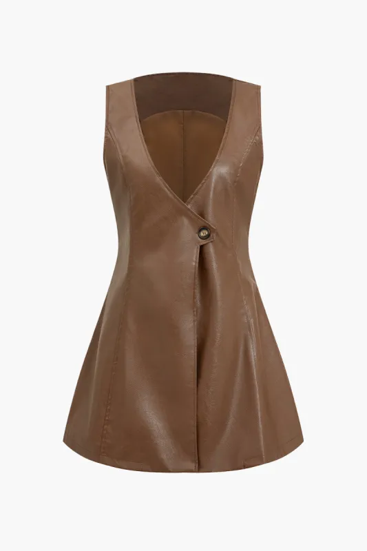 Faux Leather Sleeveless Asymmetrical V-Neck Mini Dress sold by Micas