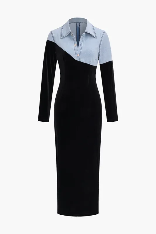 Patchwork Denim Long Sleeve Maxi Dress sold by Micas