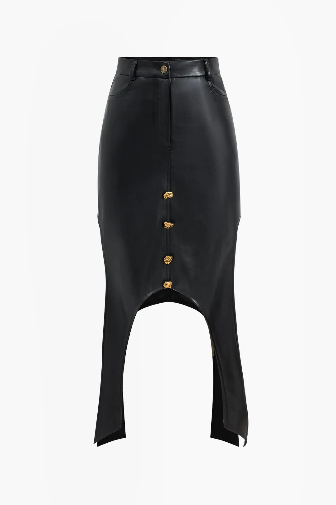 Metallic Button Faux Leather Skirt sold by Micas