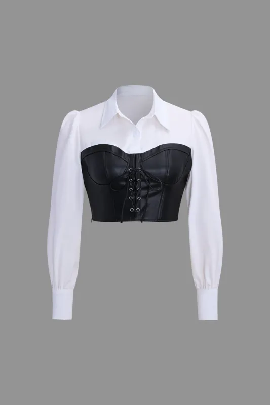 Patchwork Faux Leather Long-Sleeve Shirt sold by Micas