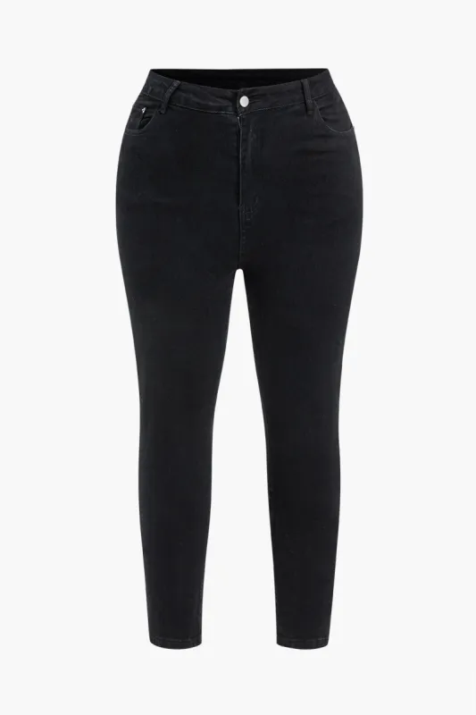 Plus størrelse denim -knap lynlås jeans sold by Micas