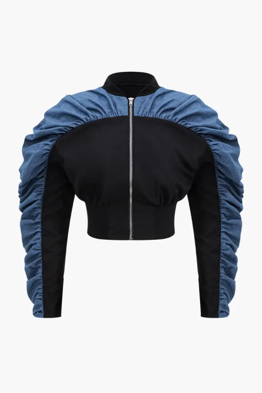 Denim Patchwork Ruched Jacket sold by Micas