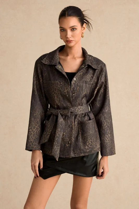 Leopard Print Pocket Button Belted Jacket sold by Micas