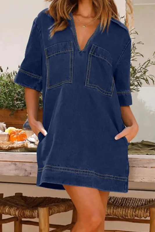 Denim V-neck Short Sleeve Mini Dress sold by Micas