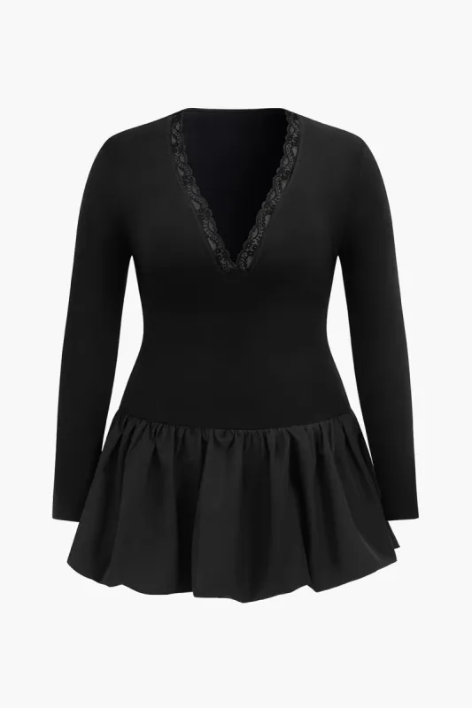 Plus Size Lace Patchwork Long Sleeve V-Neck Mini Dress sold by Micas