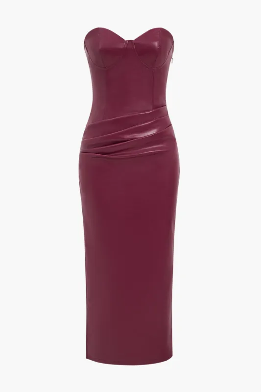 Faux læder stroppeløs slips tilbage ærmeløs maxi kjole sold by Micas