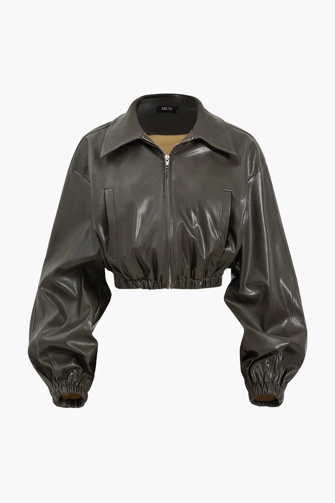 Faux Leather Zipper Pocket Cropped Jacket sold by Micas