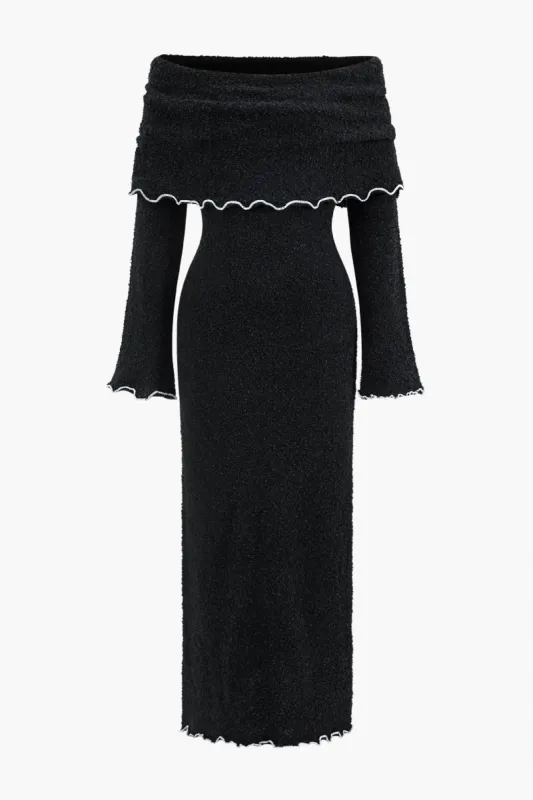 Contrast Binding Off Shoulder Sweater Long Sleeve Dress sold by Micas