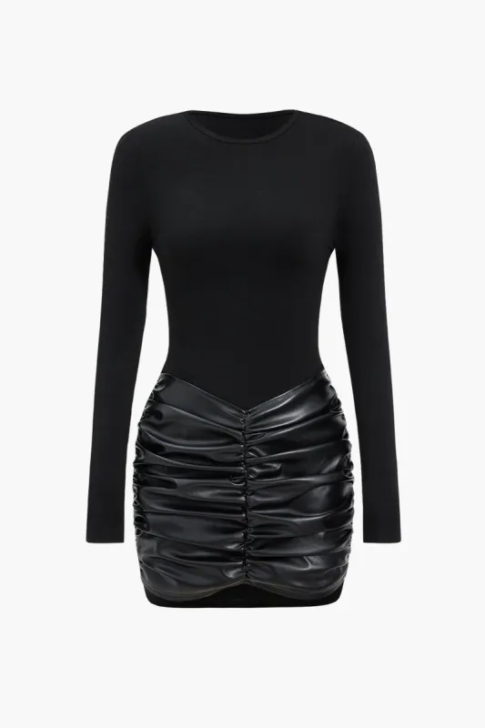 Faux Leather Ruched Patchwork Long Sleeve Mini Dress sold by Micas