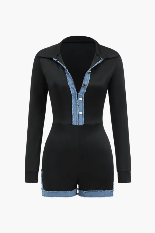 Denim Patchwork Long Sleeve Button Romper sold by Micas
