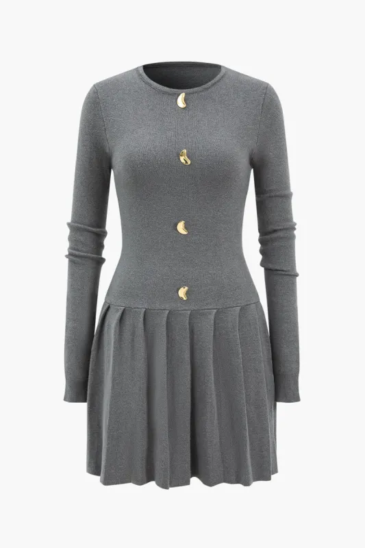 Sweater Metallic Button Long Sleeve Pleated Dress sold by Micas