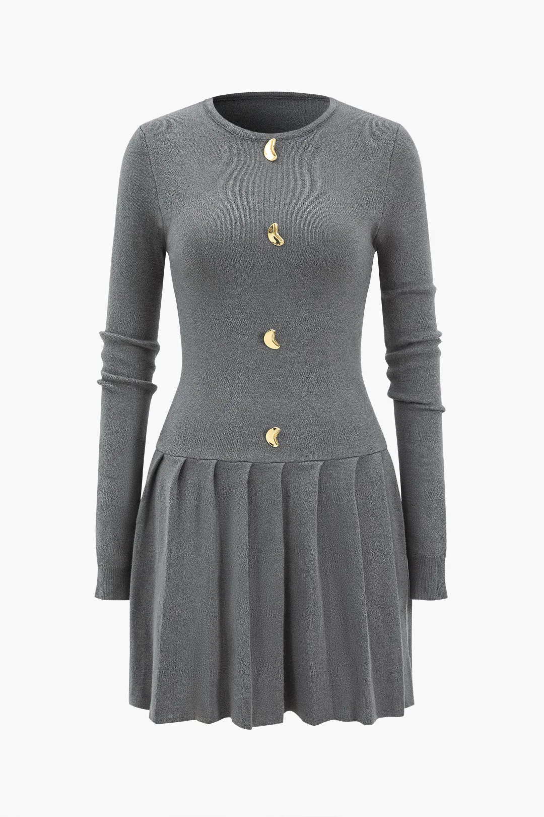 Sweater Metallic Button Long Sleeve Pleated Dress sold by Micas