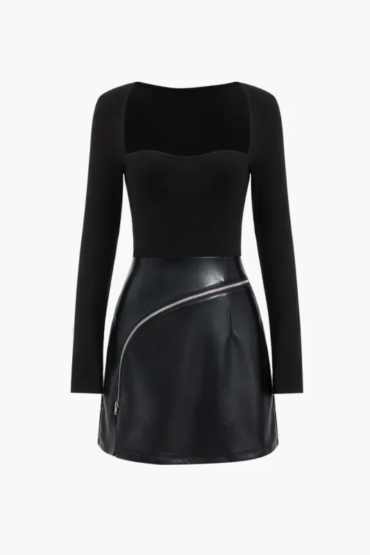 Faux Leather Patchwork Long Sleeve Zipper Mini Dress made by Micas