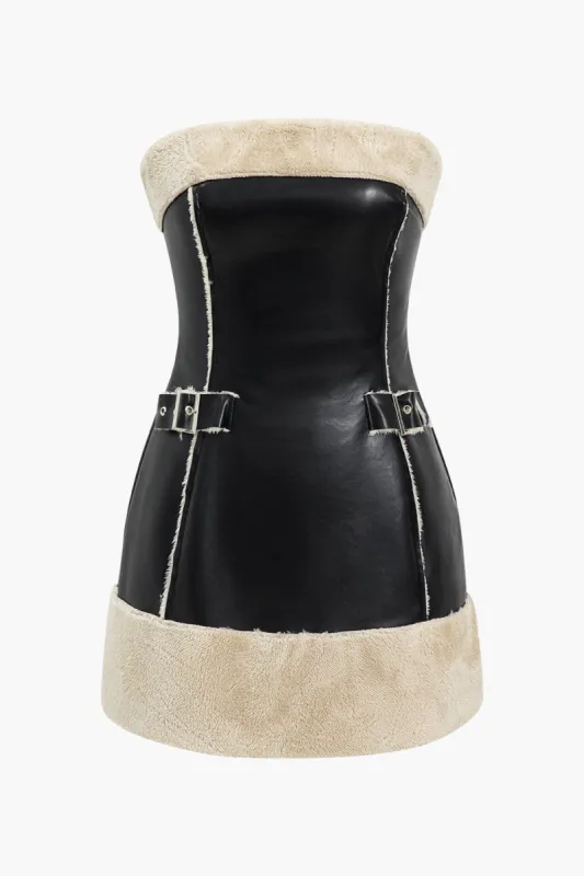 Faux Leather Patchwork Strapless Zipper Mini Dress sold by Micas