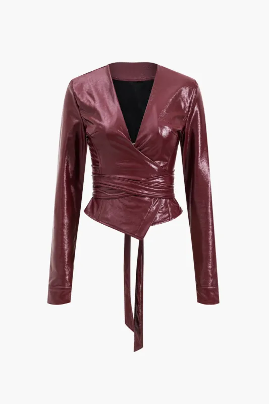 Faux Leather Tie Belted Jacket sold by Micas