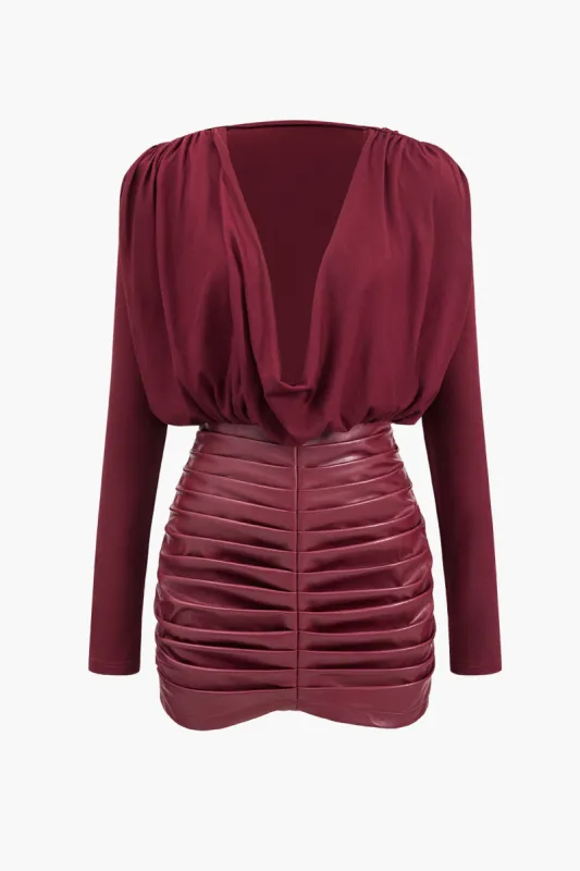 Faux læder patchwork langærmet draperet cowl hals mini kjole sold by Micas