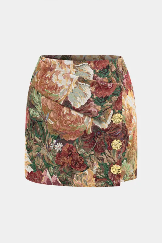 Jacquard Asymmetrical Metallic Button High Waist Skirt sold by Micas