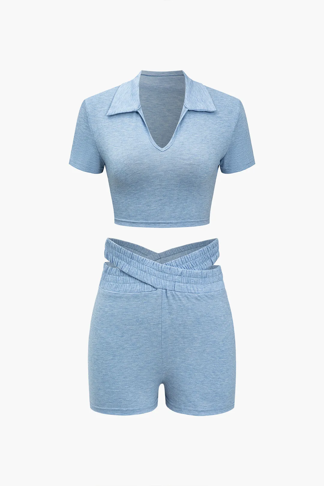 V-hals beskåret top og dobbelt linning shorts sæt sold by Micas