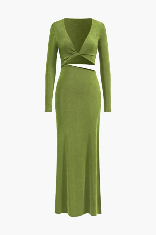 Twist Knot Deep V-Neck Long Sleeve Maxi Dress sold by Micas