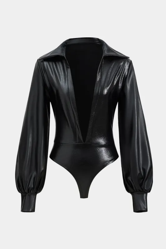 Faux Leather Ruched Long Sleeve V-neck Bodysuit sold by Micas