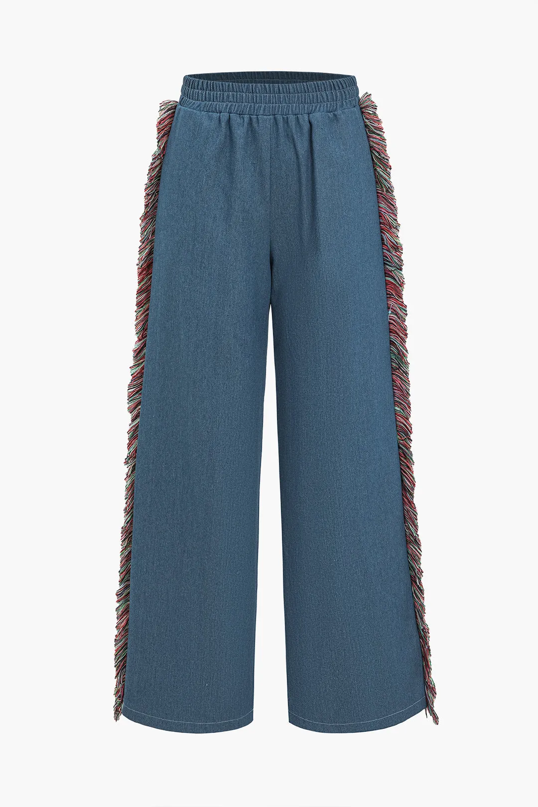 Denim Shirred Waistband Fringe Pocket Jeans sold by Micas