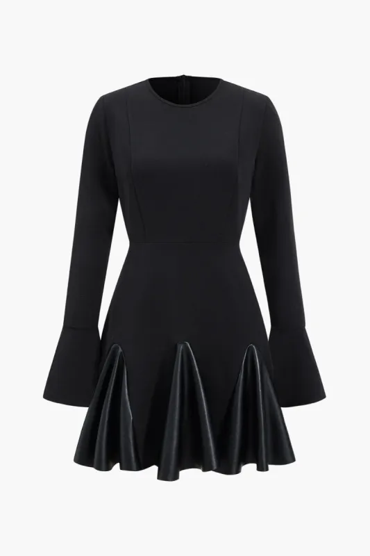 Faux læder patchwork rund hals langærmet puff mini kjole sold by Micas